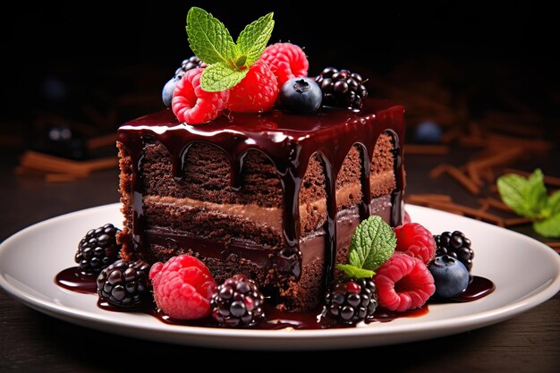 Stück Schokoladenkuchen mit frischen Beeren auf braunem Holztisch