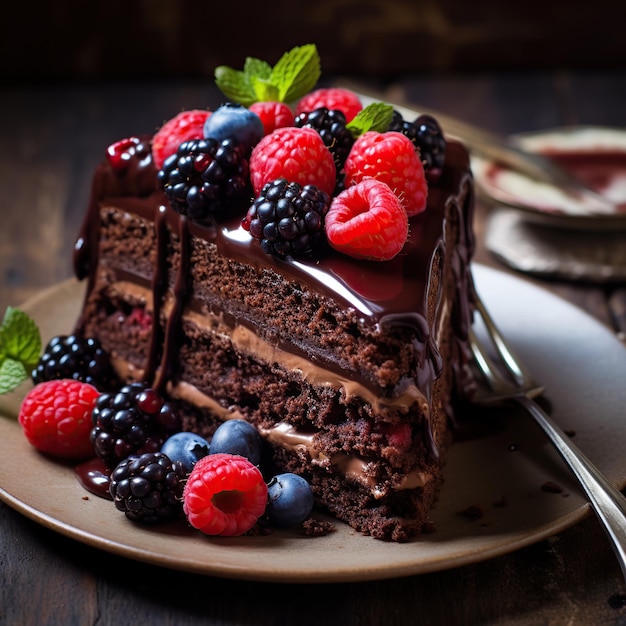 Stück Schokoladenkuchen mit frischen Beeren auf braunem Holztisch