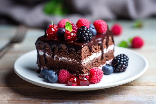 Stück Schokoladenkuchen mit frischen Beeren auf Holztisch