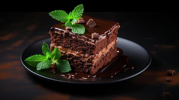 Stück Schokoladenkuchen mit Minzblättern oben