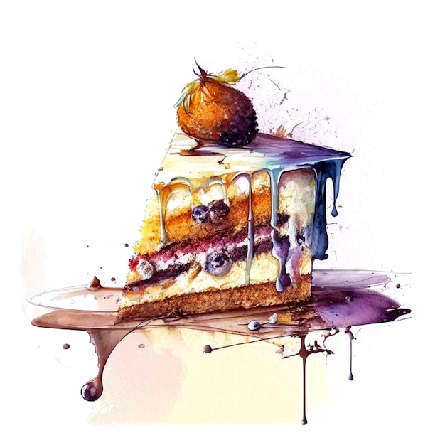 Stück Schokoladenkuchen mit Sahne und Beeren Geburtstag leckeres Backen Aquarell-Illustration Schokolade Stück Kuchen Scheibe Zucker Gourmet Gebäck Kuchen Scheibe süße köstliche Kuchen Dessert Essen Digital generiert