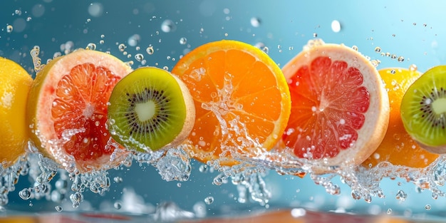 Stücke geschnittener Orangen und Kiwi in fliegenden Wasserspritzungen Vitamin-C-Konzeptbanner