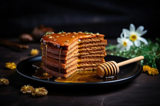 Stücke Honigkuchen auf dunklem Hintergrund