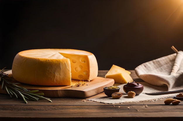 Stücke leckerem Käse und Messer auf einem Holztisch Platz für Text