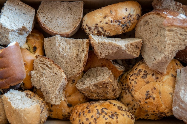 Stücke trockenes Brot verschiedener Art mit Schimmel. Selektiver Fokus