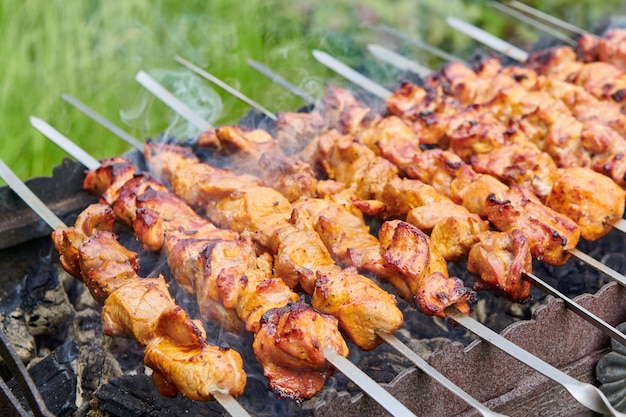 Stücke von köstlichem gegrilltem Fleisch am Spieß, der auf heißen Kohlen kocht. Gebratenes Schweinefleisch auf dem Grill zubereitet. Grillparty in der Natur. Nahaufnahme.