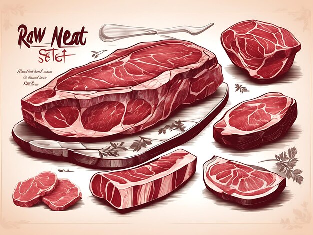 Foto stücke von rohem fleisch, steakrippchen, schinken, vektorillustration