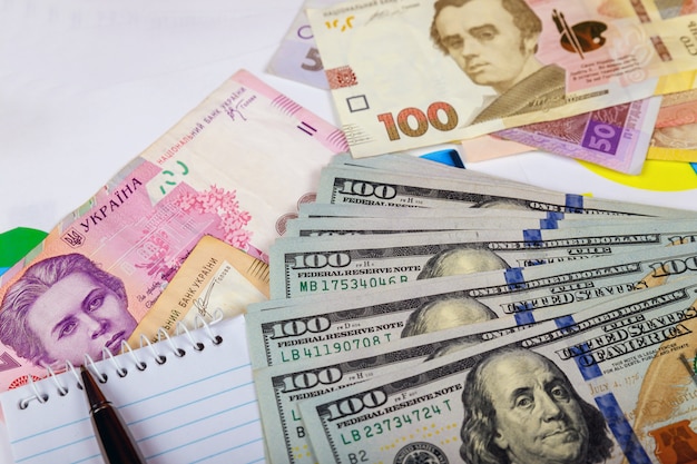 Stückelungen der ukrainischen Griwna der Rechnungen in der unter den Rechnungen ein Fragment der US-Dollar-Rechnung.