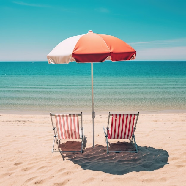 Stühle am Sandstrand in der Nähe des Meeres Sommerferien und Urlaubskonzept für den Tourismus Generative KI