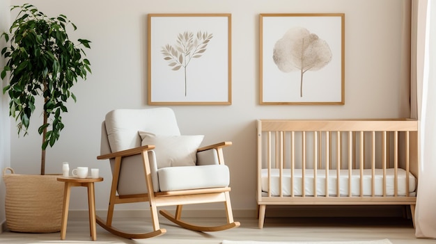 Stühle am Tisch an der Wand mit leerem Zierrahmen und Babybett in hellem, geräumigen Raum