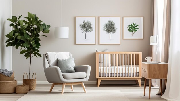 Stühle am Tisch an der Wand mit leerem Zierrahmen und Babybett in hellem, geräumigen Raum