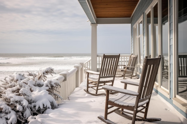 Stühle auf der Veranda eines Hauses mit verschneitem Hintergrund