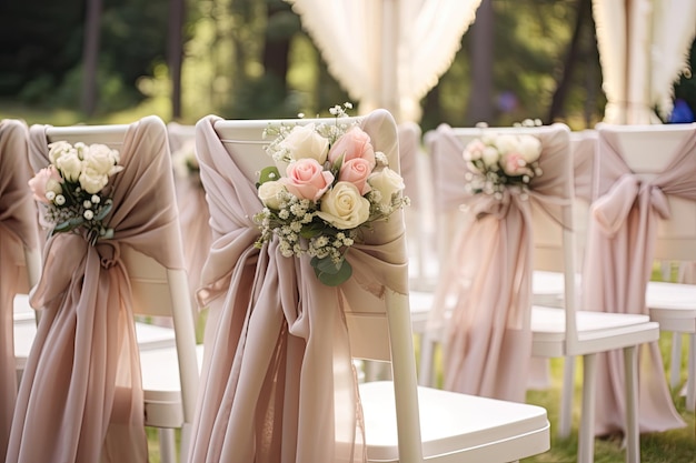 Stühle für einen Hochzeitsempfang, die mit Stoff oder einem Schleier geschmückt sind