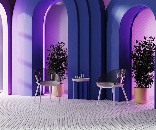 Stühle und Tisch im modernen Raum mit blauen Bögen, rosa Neonlicht und weißem Mosaikfliesenboden 3D-Render