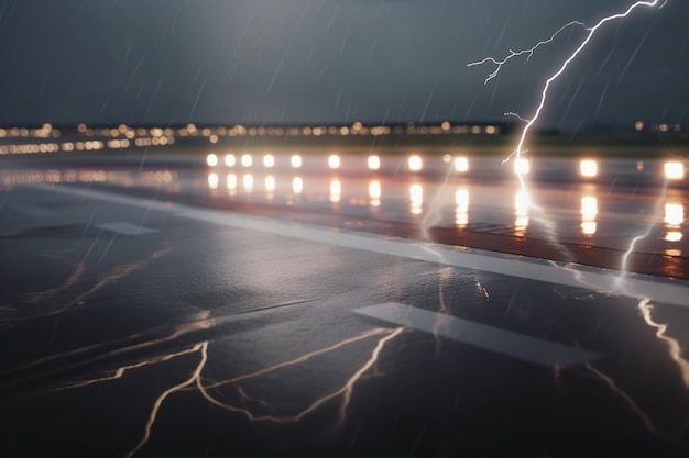 Stürmische Landung Ein Blick auf eine Landebahn eines Flughafens bei starkem Regen und Blitz