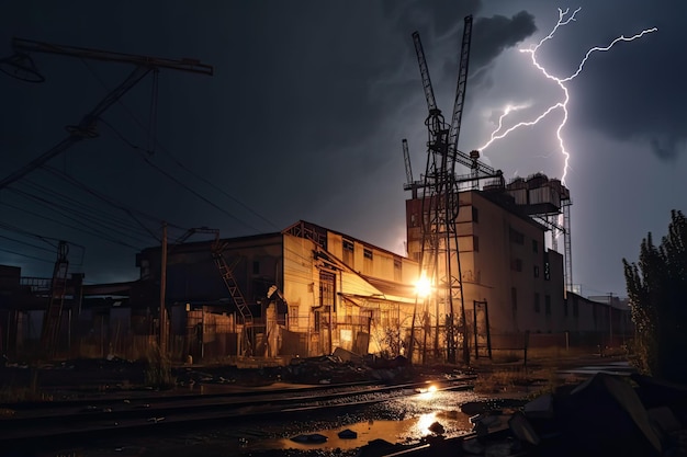 Stürmische Nacht mit Blitzen, die den Himmel erhellen und ein zerstörtes Industriegebäude treffen