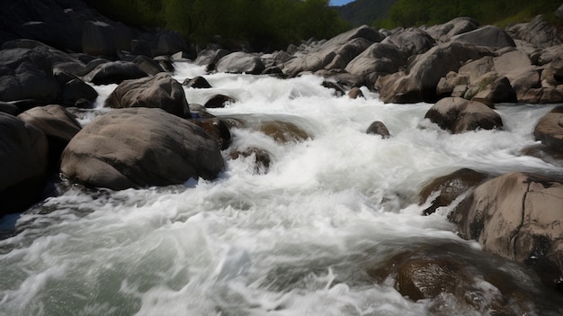 Stürmischer Fluss vor dem Hintergrund von Bergen, Wäldern, Sonnenuntergang, KI-generiert