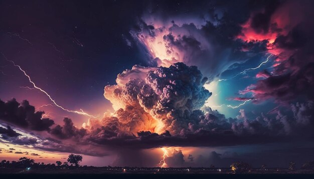 Stürmischer Himmel mit dramatischen Wolken aus einem sich nähernden Gewitter bei Sonnenuntergang Generative KI