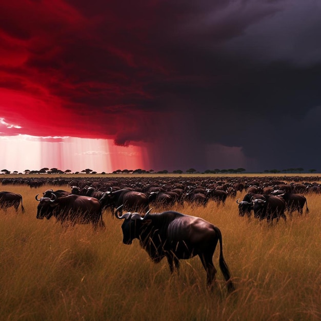 stürmischer Himmel über dem roten Hafergras der Masai Mara ein Panorama mit Herden von Elefanten und Zebras