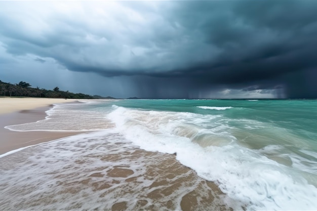 Stürmischer Himmel über einem Sandstrand Stürmisches Wetter Generative ai