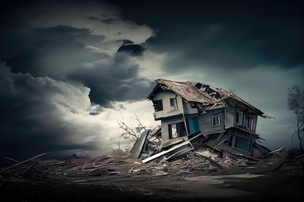 Stürmischer Himmel und Trümmer nach Naturkatastrophe nach Erdbeben