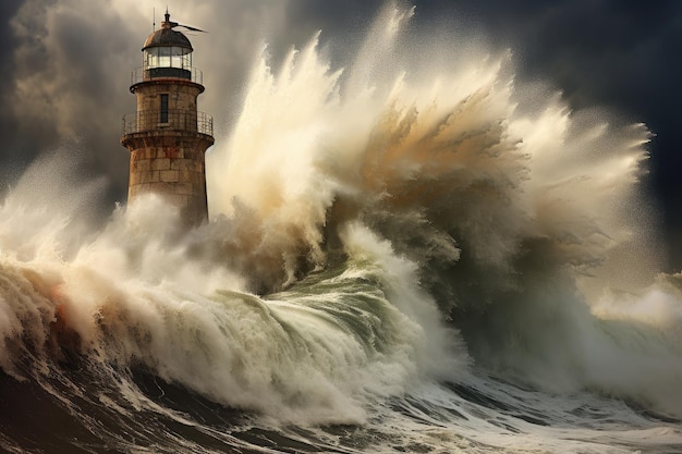 Foto stürmisches meer mit großen wellen und leuchtturm 3d-illustration leuchttorn von einer massiven welle getroffen ki generiert