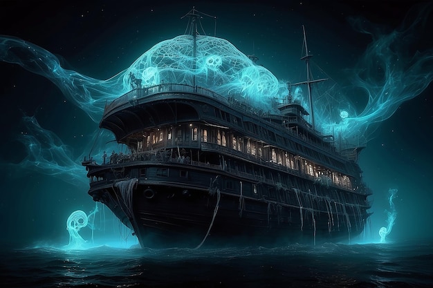 stürmisches Wetter, Meereswellen und ein großes, piratfarbenes, neonleuchtendes Schiff