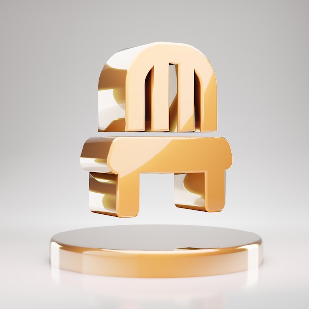 Stuhl-Symbol. Gelbgold-Stuhlsymbol auf goldenem Podium. 3D-gerendertes Social Media-Symbol.