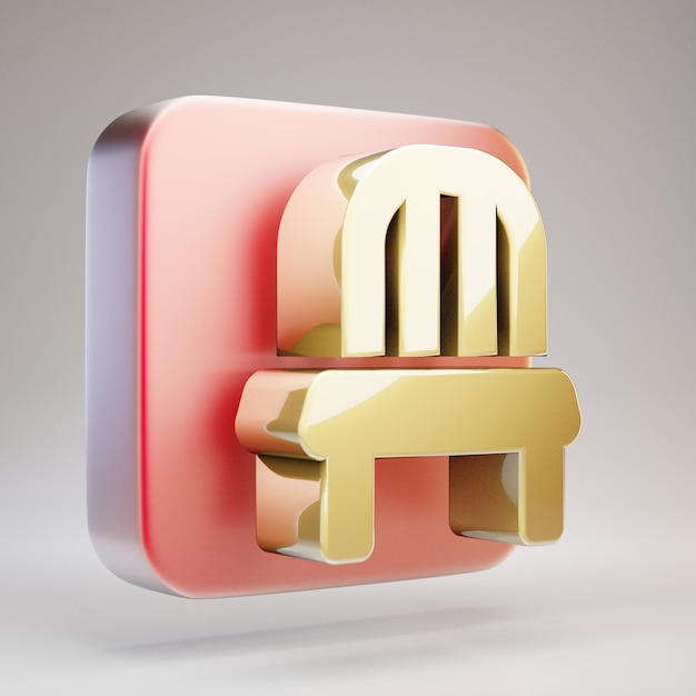 Stuhl-Symbol. Goldenes Stuhlsymbol auf roter Mattgoldplatte. 3D-gerendertes Social Media-Symbol.