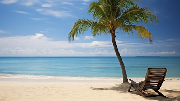 Stuhl unter einer Palme am Sandstrand mit Blick auf die ruhigen Ozeanwellen