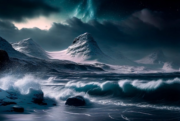 Sturm auf dem Ozean Nordlicht Schöne Landschaft von Islandia Norwegen