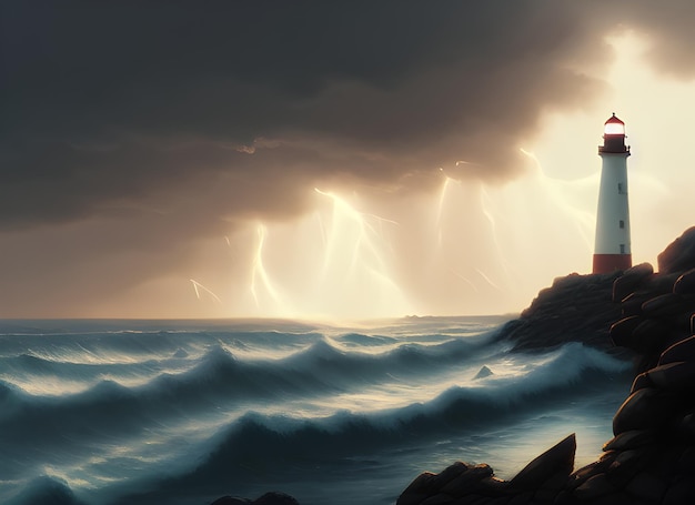 Sturm auf See, Wellen, die das Ufer des Leuchtturms treffen.