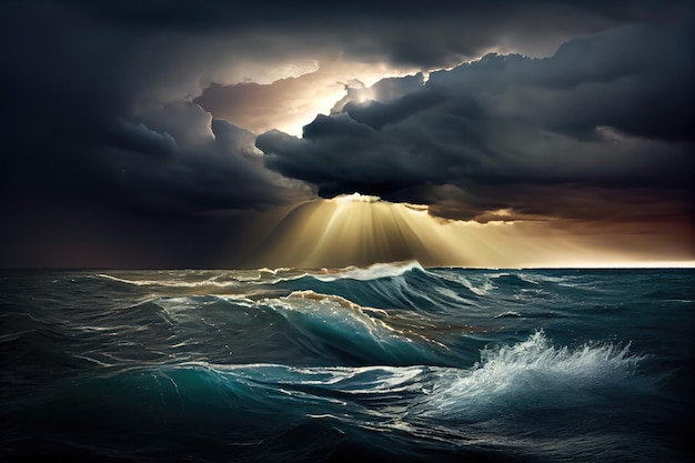 Sturm rollt über ruhiges Meer, während die Sonne scheint, erzeugt mit generativer KI