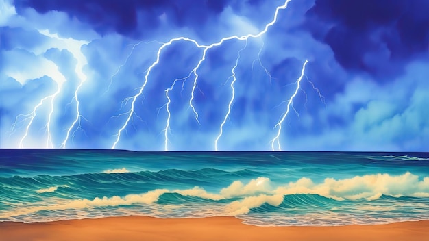Sturm über dem von Blitzen beleuchteten Ozean Die Stärke und Macht der natürlichen Elemente in einer großartigen Show Aquarell-Illustration KI generiert