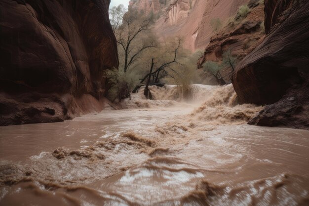 Sturzflut strömt durch eine Schlucht und das Wasser tritt über die Ufer