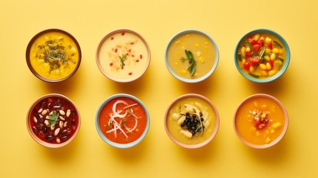 Stylische Acht-Schatz-Suppe-Food-Fotografie auf gelbem Hintergrund