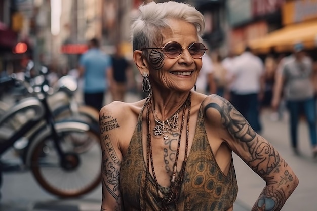 Stylische ältere glückliche Frau in Tattoos mit Brille lächelt auf der Straße Generative KI