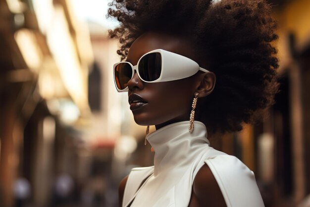 Stylische Afro-Frau in Sonnenbrille auf einer Stadtstraße, Porträt in urbaner Mode, Sommer-Lebensstil