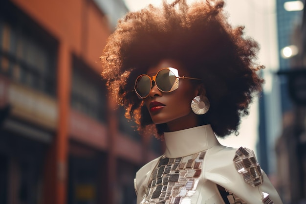 Stylische Afro-Frau in Sonnenbrille auf einer Stadtstraße Stadtmode Porträt Sommer-Lebensstil