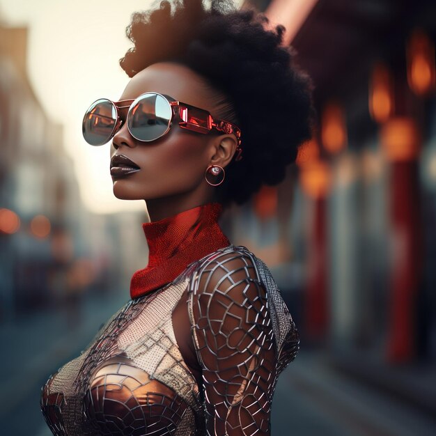 Stylische Afro-Frau in Sonnenbrille auf einer Stadtstraße Stadtmode Porträt Sommer-Lebensstil