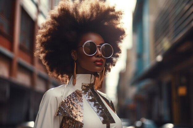 Stylische Afro-Frau in Sonnenbrille auf einer Stadtstraße Stadtmode Porträt Sommer-Lebensstil