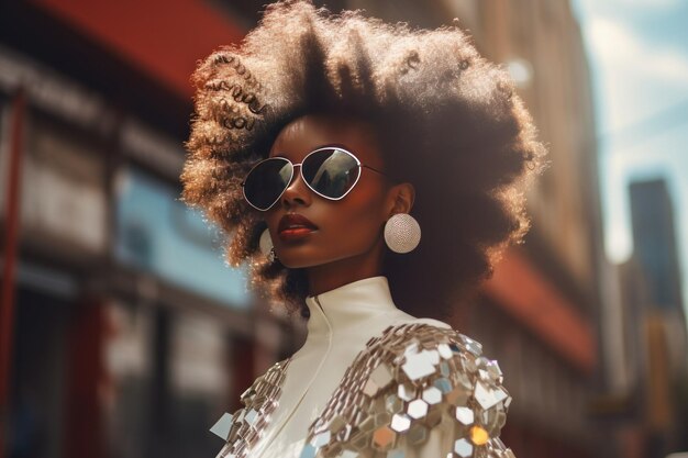 Stylische Afro-Frau in Sonnenbrille auf einer Stadtstraße Stadtmode Porträt Sommer-Lebensstil