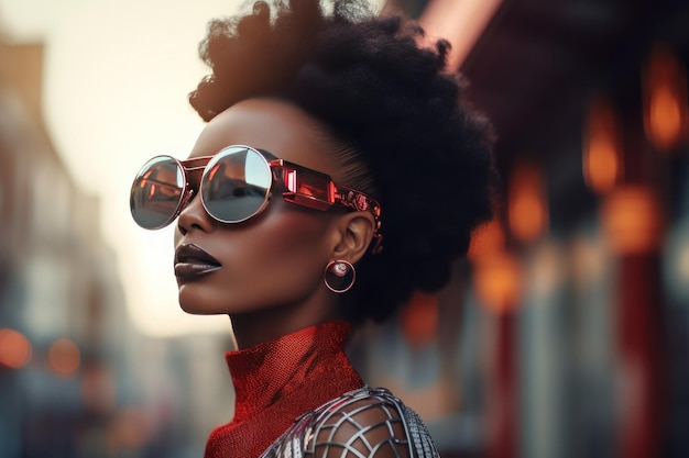 Stylische Afro-Frau in Sonnenbrille auf einer Stadtstraße Stadtmode Porträt Sommer-Lebensstil