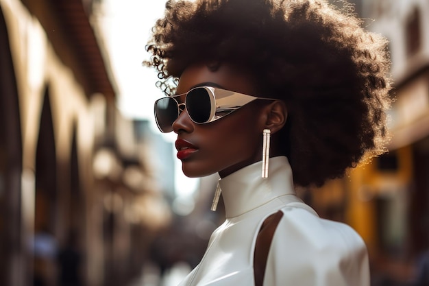 Foto stylische afro-frau in sonnenbrille auf einer stadtstraße stadtmode porträt sommer-lebensstil