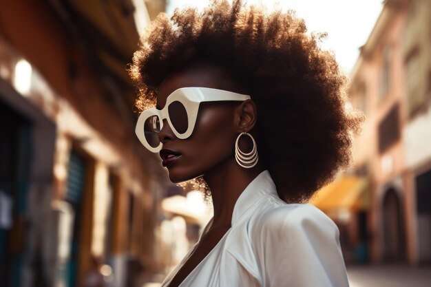 Stylische Afro-Frau in Sonnenbrille auf einer Stadtstraße Stadtmode Porträt Sommer-Lebensstil