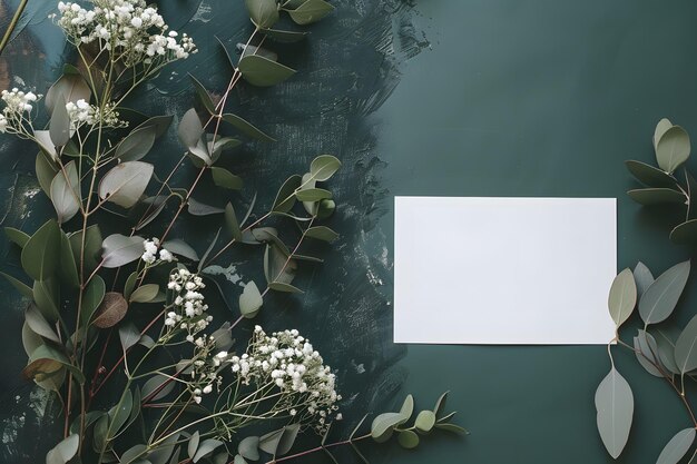 Stylische, elegante, flache, dunkelgrüne, floristische Grüß- und Einladungskarte mit Copy-Space-Mockup