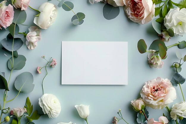 Foto stylische, elegante, flache, weibliche, floristische begrüßung, einladung, postkarte, kopie, raum-mockup