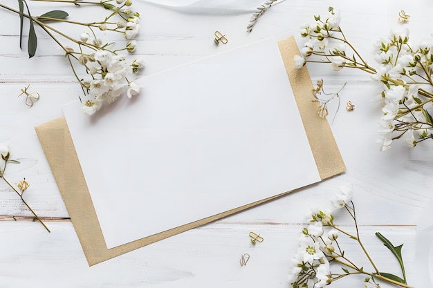 Foto stylische, elegante, flache, weiße, goldene, floristische grüß- und einladungskarte mit copy-space-mockup