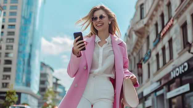 Stylische Frau in rosa Mantel benutzt Smartphone auf der Stadtstraße Casual Fashion Urban Lifestyle Moderne Frau in Frühlingskleidung Texten im Freien KI