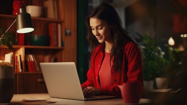 Stylische Frau in Rot mit Laptop Das Mädchen arbeitet online oder macht Einkauf in einem Online-Shop